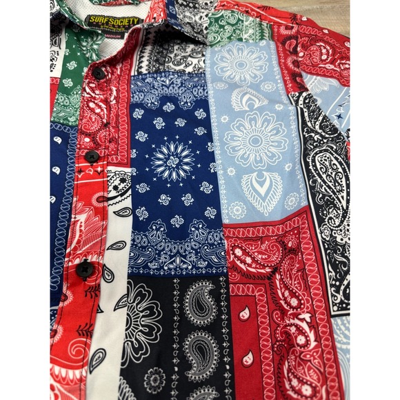 Surf Society Swimwear Bandana Button Down Short Sleeve Shirt‎ Men's Size Medium - Picture 2 of 9